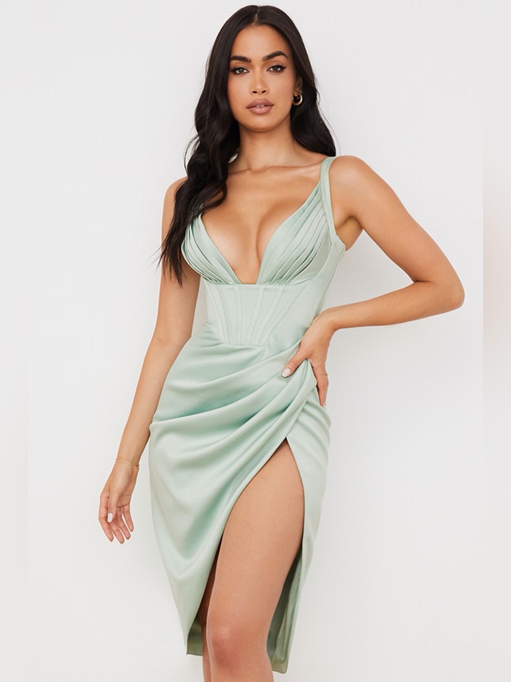 House of CB Robe Mi-Longue En Satin Pistache - Vente B782